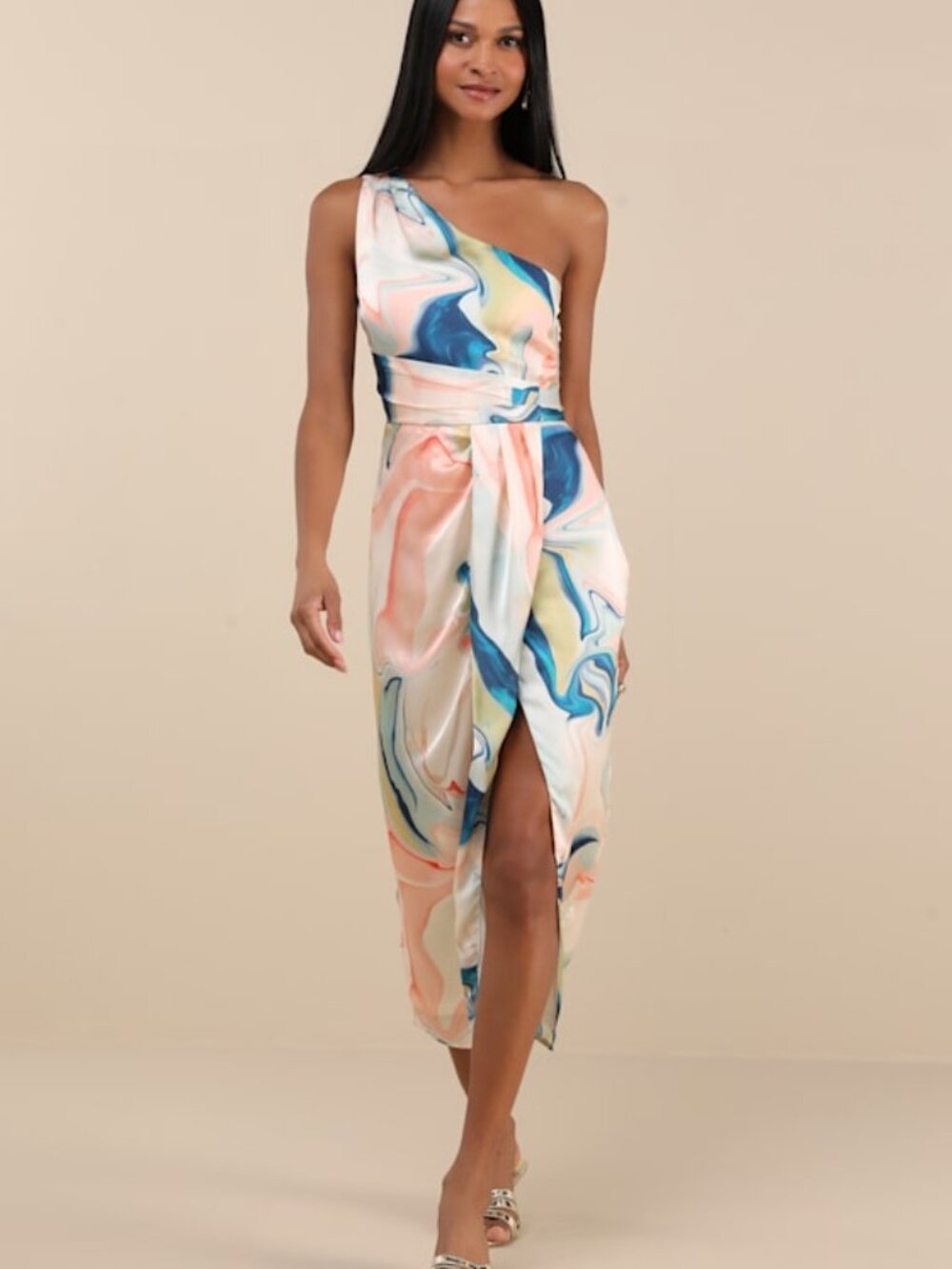 Lulus Rhema White Multi Abstract Print Satin Midi Dress - Size M